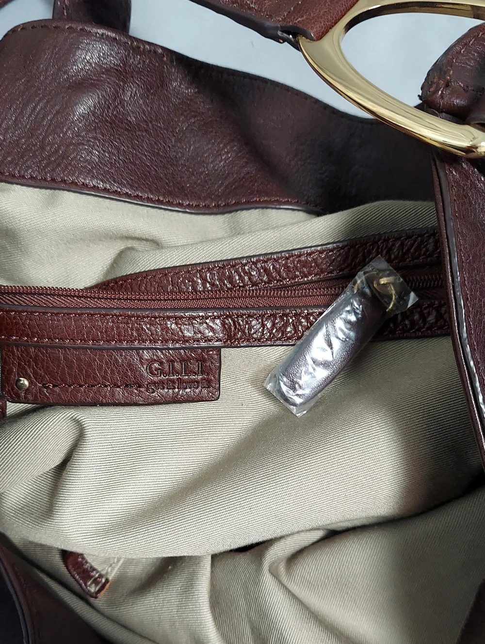 G.I.L.I. Leather Bag, Brown, Gold Stirrup Hardware, Double Handle, Tassel